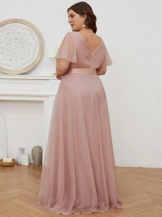 roselledress blush mesh formal dress plus size deep v back zipper floor length wedding guest gown