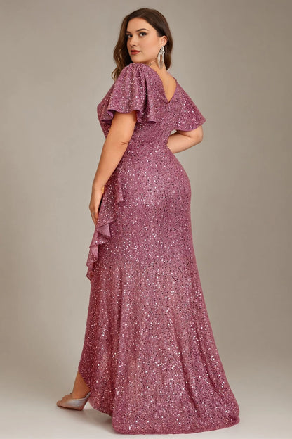 Glamorous Plus Size Sheath V-Neck Short-Sleeve V-Back Long Evening Dress