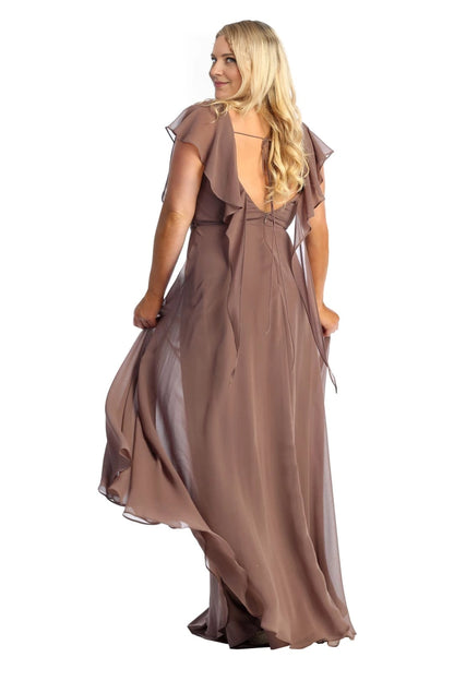 Elegant Plus Size A-Line V-Neck Flutter-Sleeve Open-Back Maxi Mother of Bride Dress