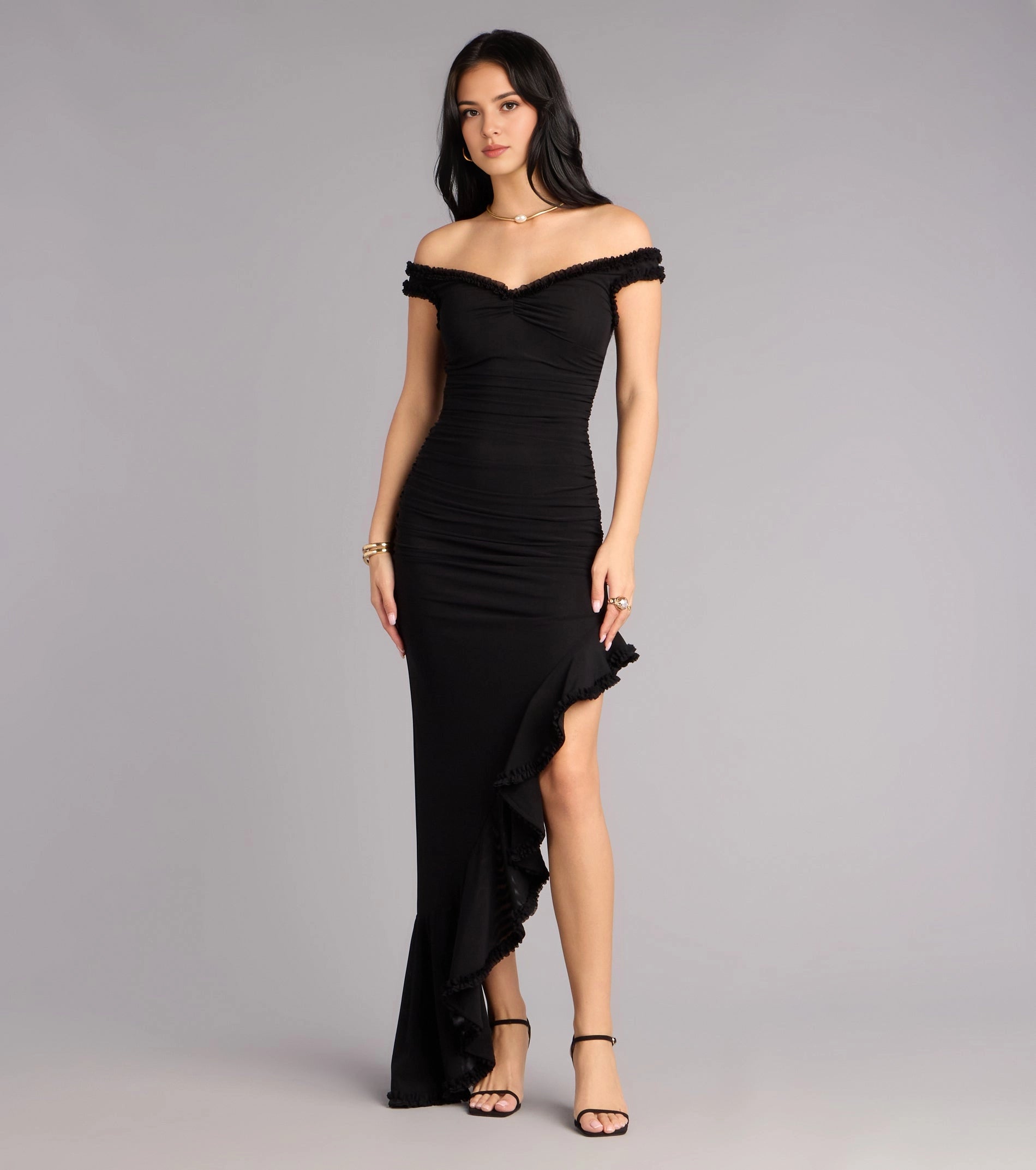 Roselledress black ruffle off shoulder ruched mermaid prom maxi dress front view