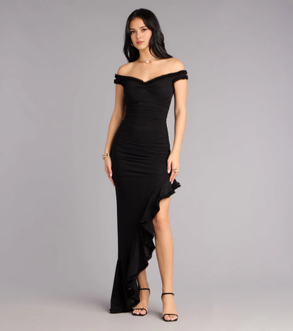 Roselledress black ruffle off shoulder ruched mermaid prom maxi dress front view