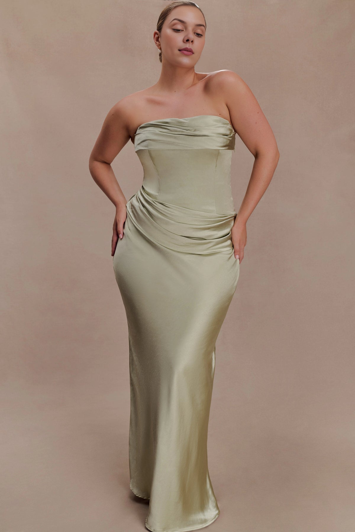Roselledress Chocolate Brown Plus Size Strapless Draped Long Bridesmaid Dress