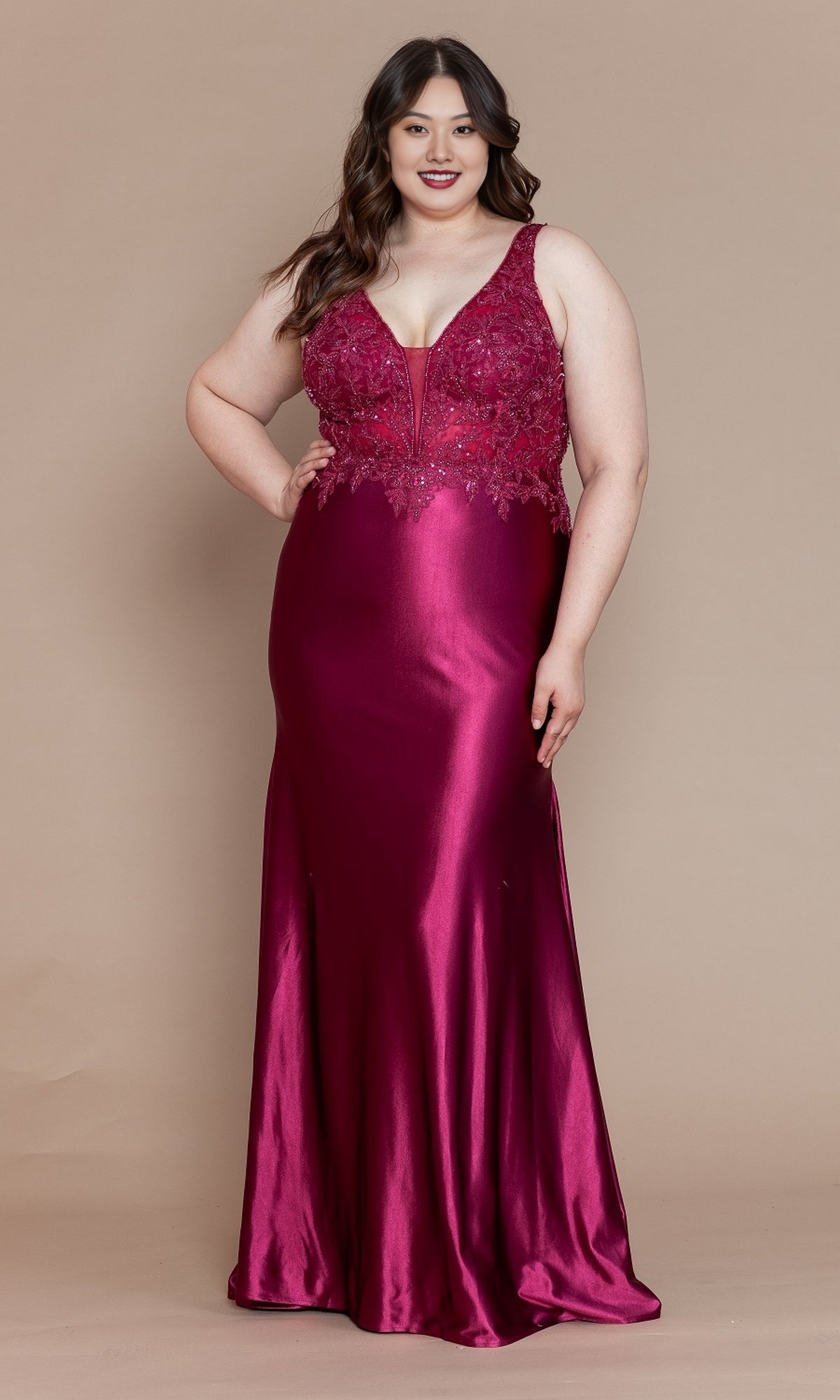 Elegant Mermaid V-Neck Spaghetti Strap Lace Corset Back Sweep Train Plus Size Prom Dress