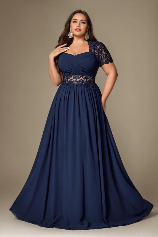 Roselledress navy plus size sweetheart long prom dress lace short sleeve chiffon a-line evening gown