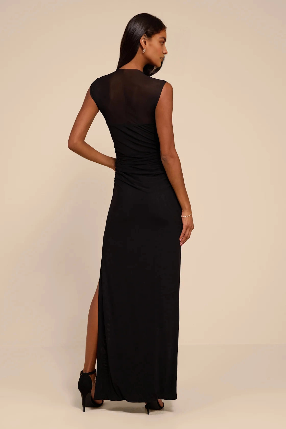 roselledress minimalist black slim formal gown seamless full sheer mesh low open back invisible side zipper cap sleeve stretch knit cocktail party dress back view