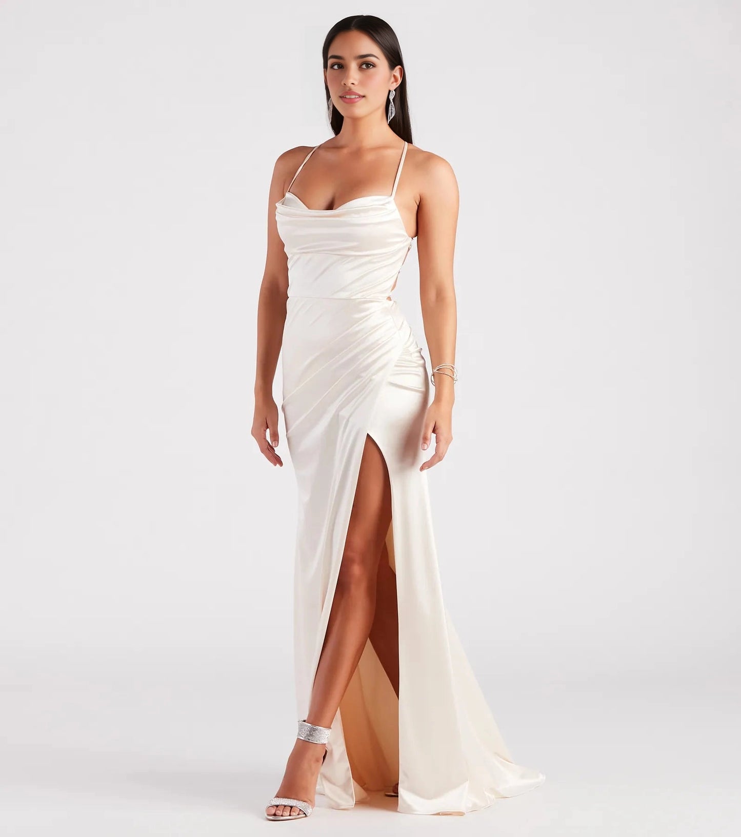 Slim Maxi Spaghetti Lace-Up Back Ruched Long Prom Dress