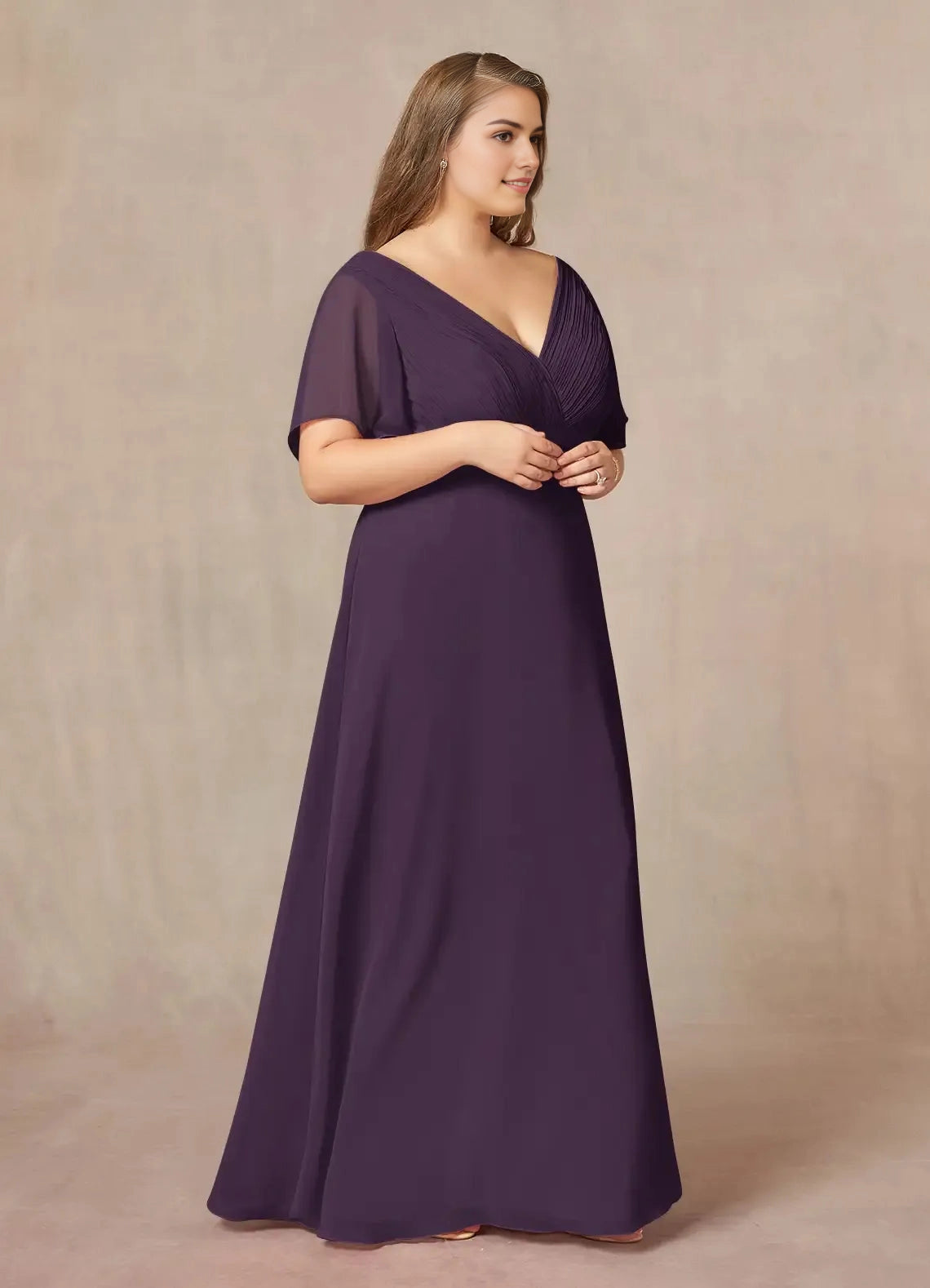 Stunning Mermaid V‑Neck Flutter‑Sleeve V‑Back Floor‑Length Plus Size Bridesmaid Dress