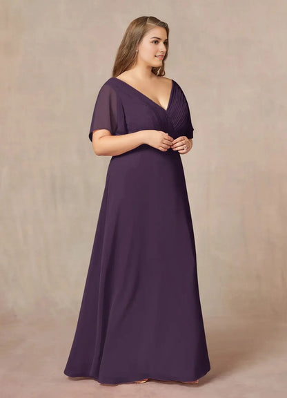 Stunning Mermaid V‑Neck Flutter‑Sleeve V‑Back Floor‑Length Plus Size Bridesmaid Dress
