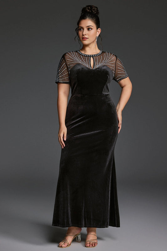 Plus Size Black Mermaid Keyhole‑Neck Short‑Sleeve Sheer‑Back Ankle‑Length Mother Of Bride Dress