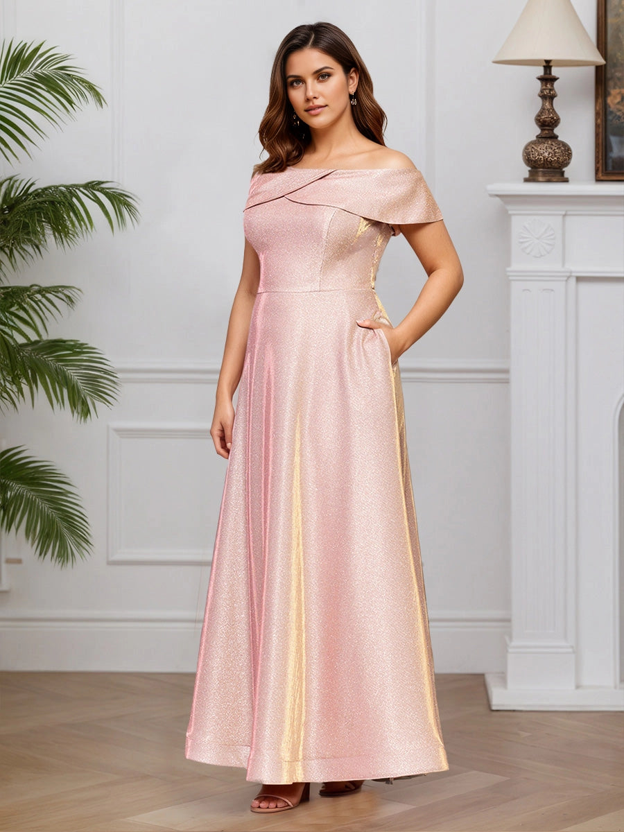 Glamorous A‑Line Off‑The‑Shoulder Sleeveless Zip‑Back Floor‑Length Formal Plus Size Mother Of The Bride Dress