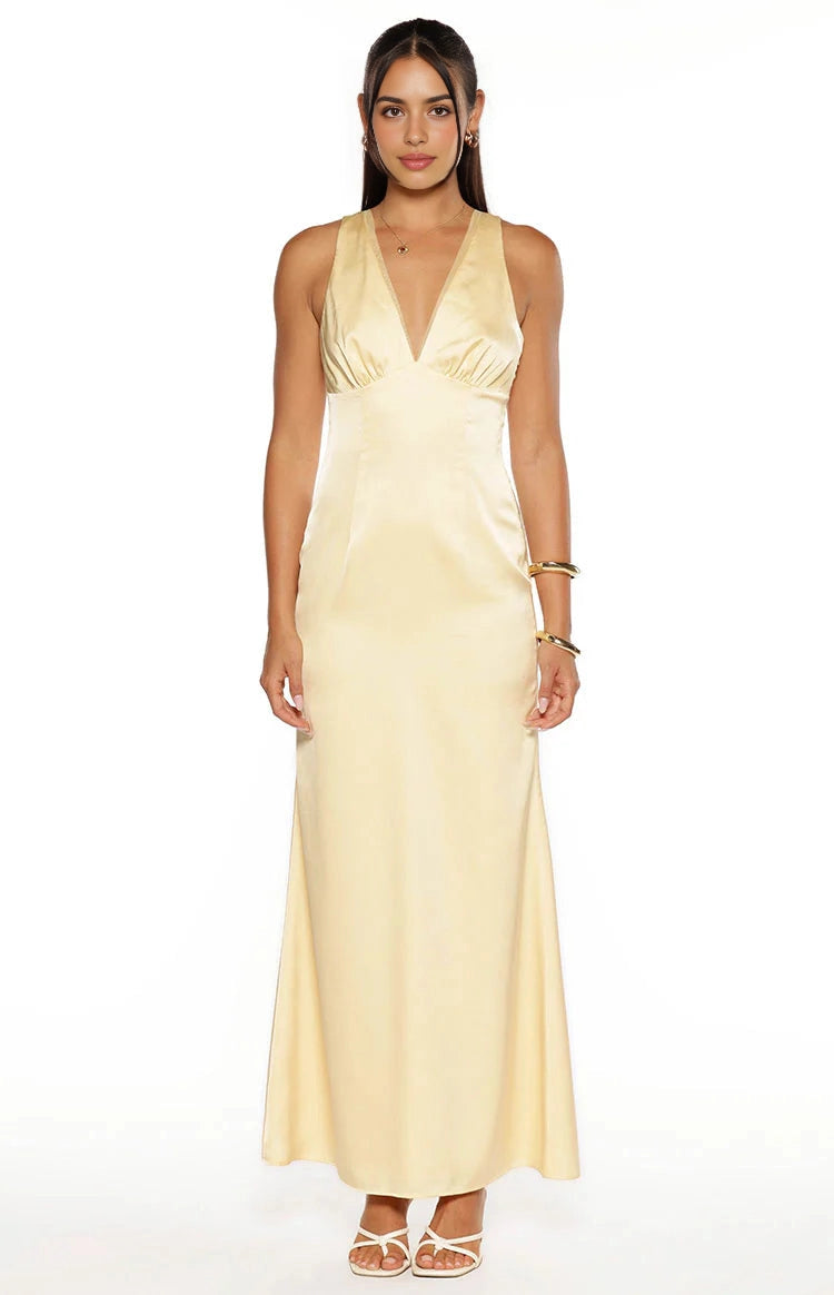RoselleDress pale yellow satin a line bridesmaid dress deep v sleeveless gathered bust white studio shot
