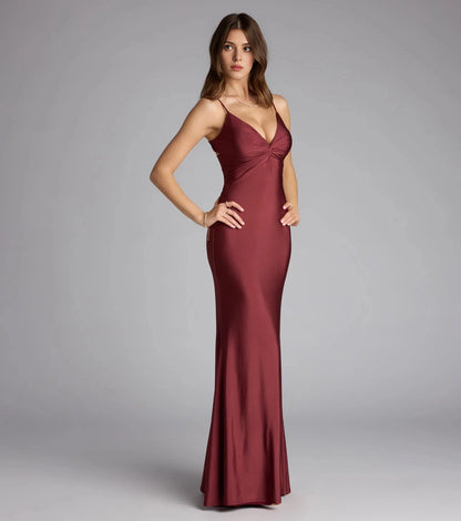 Burgundy Satin Mermaid Twist V-Neck Sleeveless Twist Cutout Back Maxi Prom Dress
