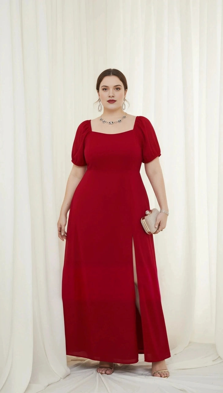 Red A-line mother of the bride dress with square neckline, puff sleeves and front slit, front view
