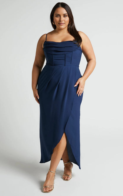 Glamorous A‑Line Cowl Neck Spaghetti Strap Open Back Slit Maxi Length Plus Size Prom Dress