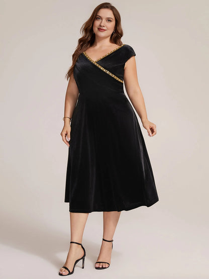 Plus Size Navy Velvet A-Line V-Neck Cap Sleeve Tea-Length Wedding Guest Dress