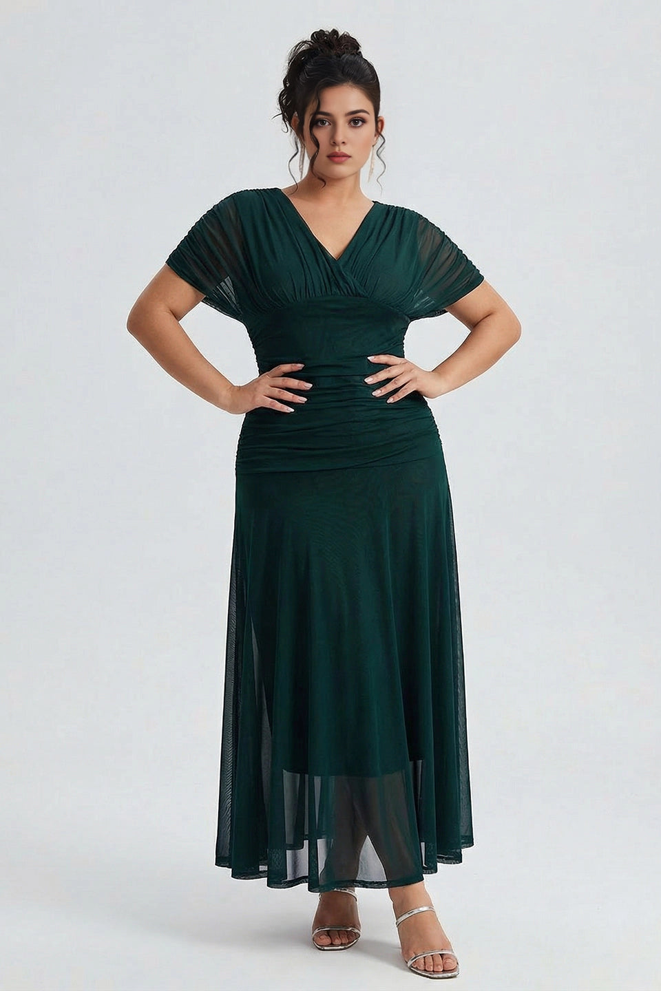 Chic Plus Size A‑Line Surplice‑V Flutter‑Sleeve Ruched‑Back Midi Mother Of Bride Dress