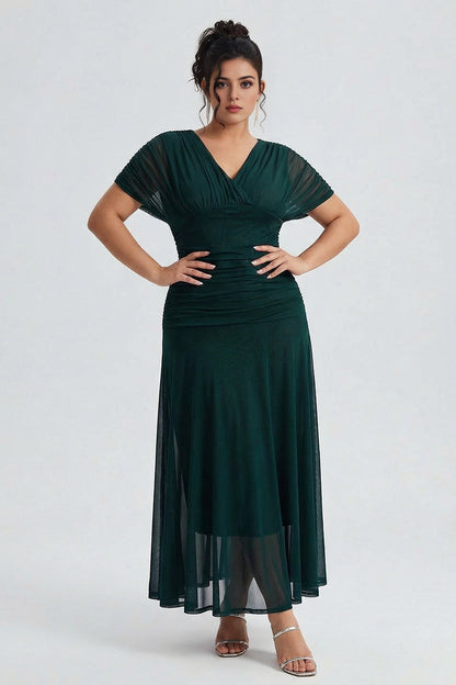 Chic Plus Size A‑Line Surplice‑V Flutter‑Sleeve Ruched‑Back Midi Mother Of Bride Dress