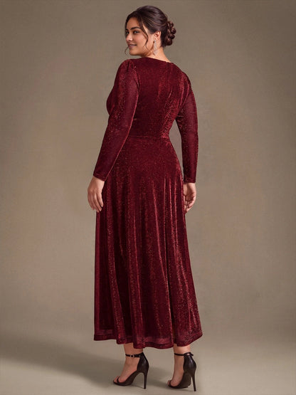 Roselledress Olive‑Green Plus‑Size Long‑Sleeve Twist‑Waist A‑Line Midi Mother of the Bride Dress