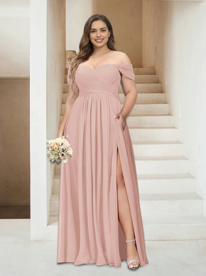 Romantic A-Line Off Shoulder Short Sleeve Ruched Back Floor Length Plus Size Mother Of The Bride Dress