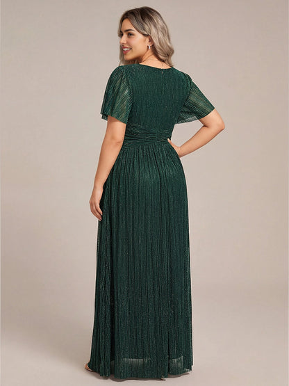 Roselledress glitter vertical pleated plus size maxi formal dress center invisible zipper back shot