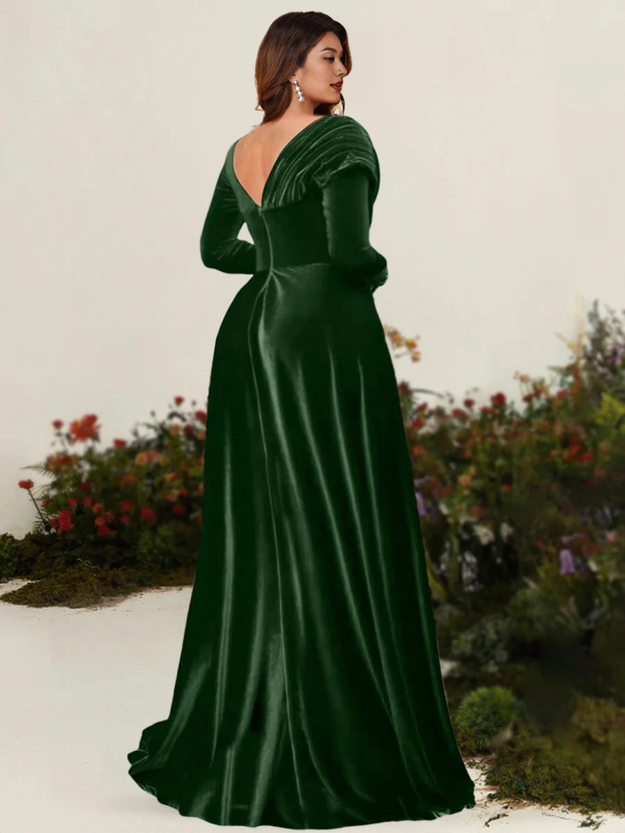 Roselledress plus size velvet mother dress back view, deep v-back zipper closure emerald wedding guest long dress