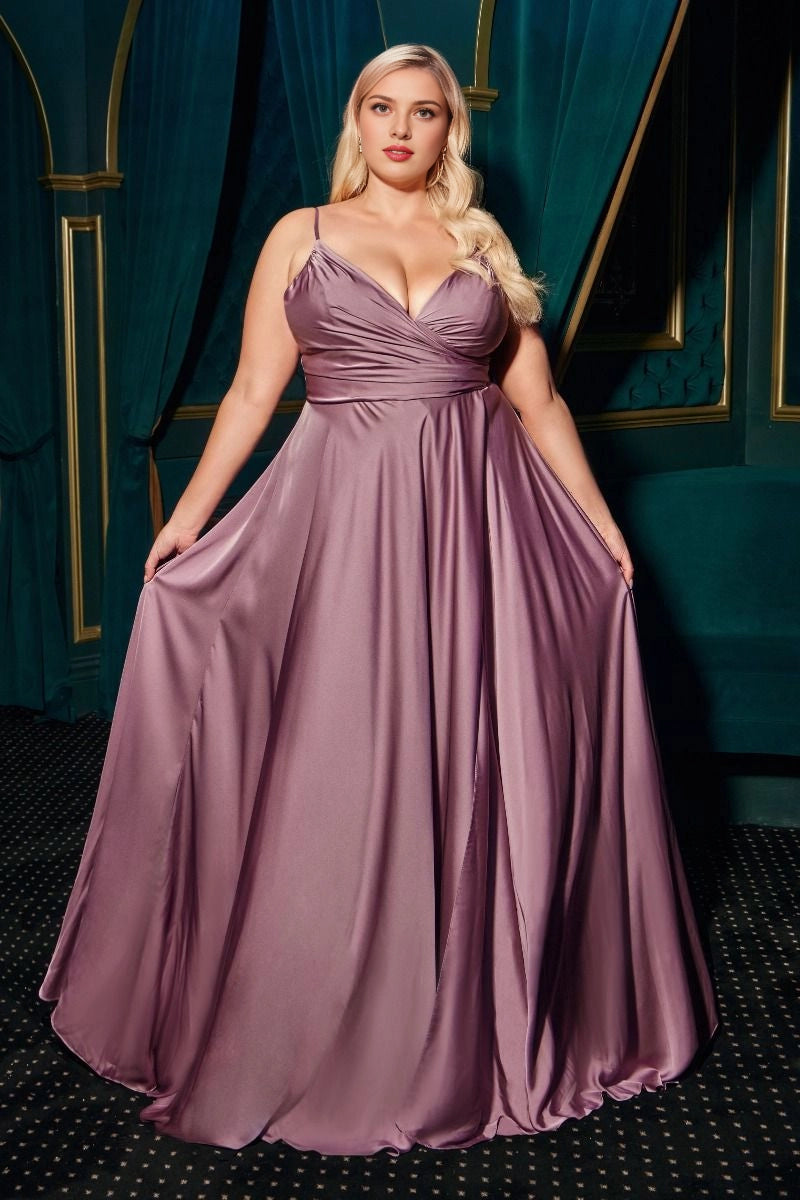 Roselledress Flowy A-Line Wrap V Low-Back Spaghetti Strap Maxi Plus Size Prom Dress