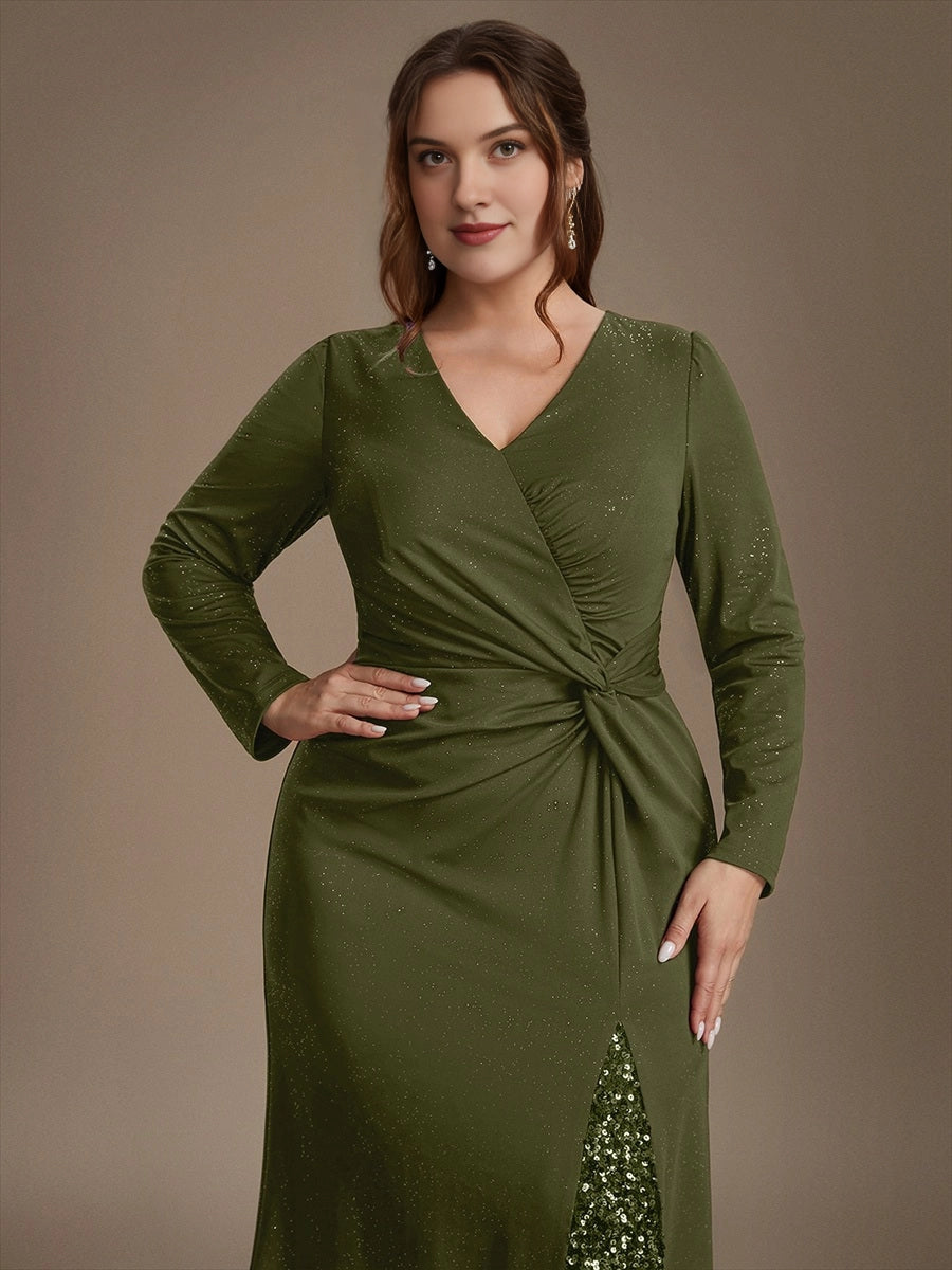 Plus Size Glitter V-Neck Long Sleeve Twist Slit Mermaid Wedding Guest Dress