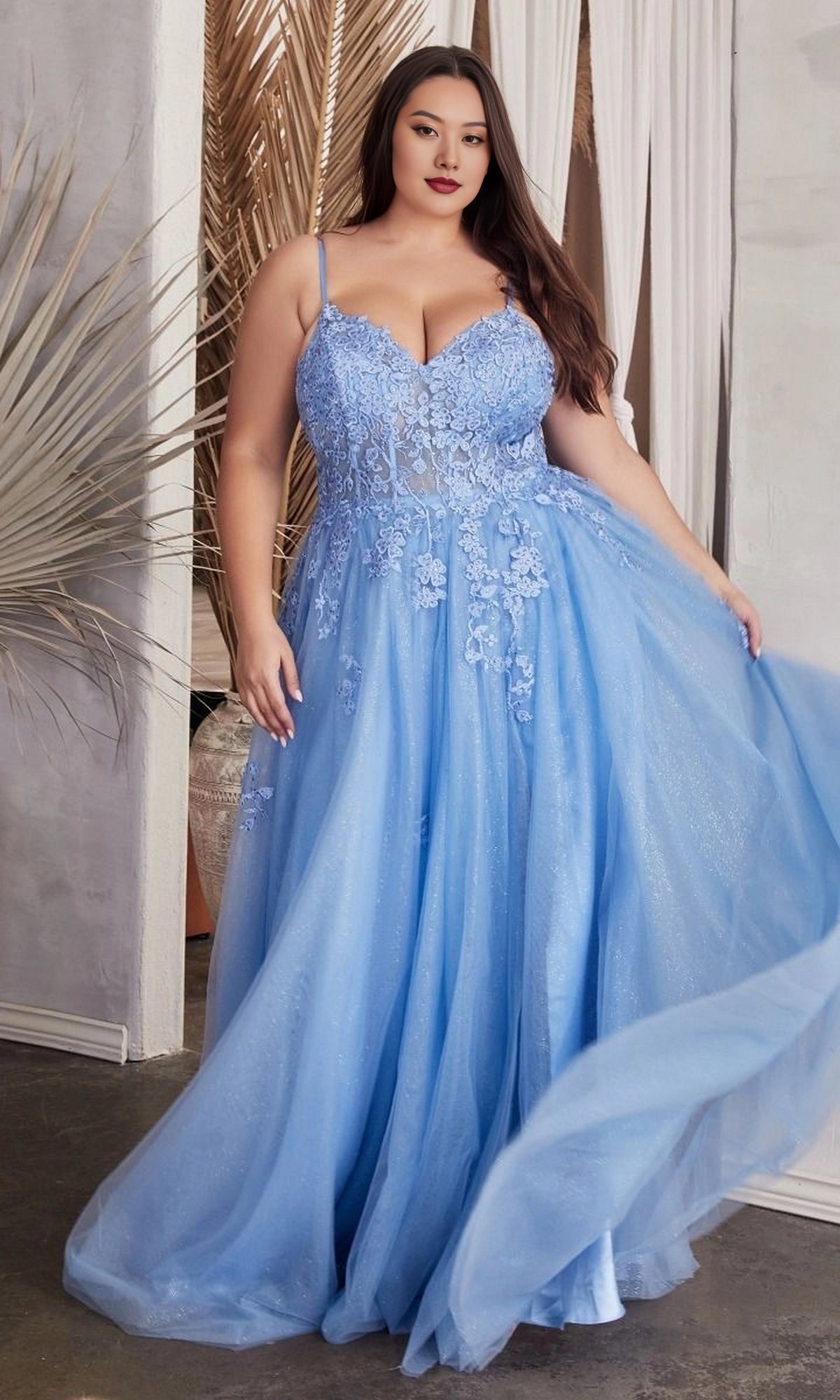 A-Line V-Neck Spaghetti Straps Lace Up Back Floor Length Plus Size Glitter Tulle Lace Prom Dress