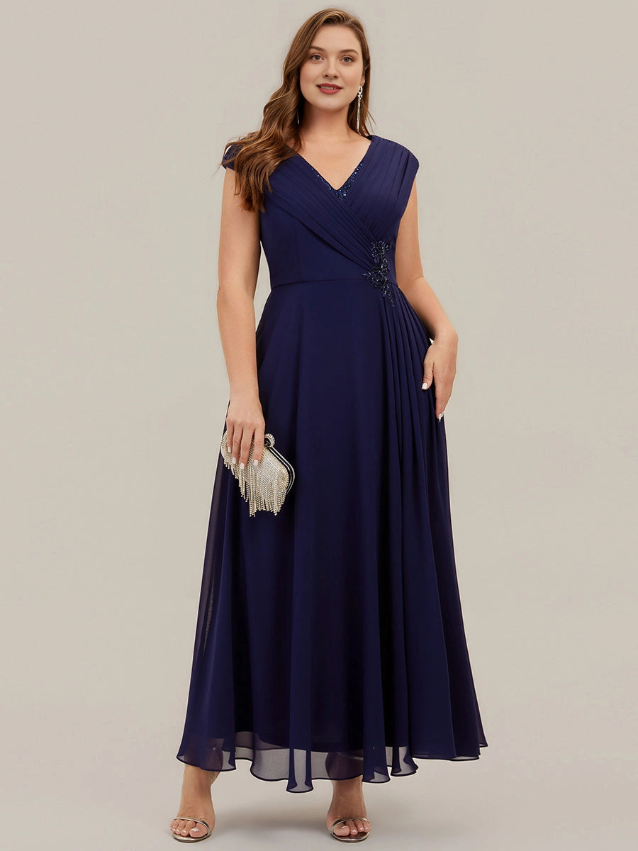Plus Size Chiffon V-Neck Cap Sleeve Beaded Waist Long Mother of Bride Dress