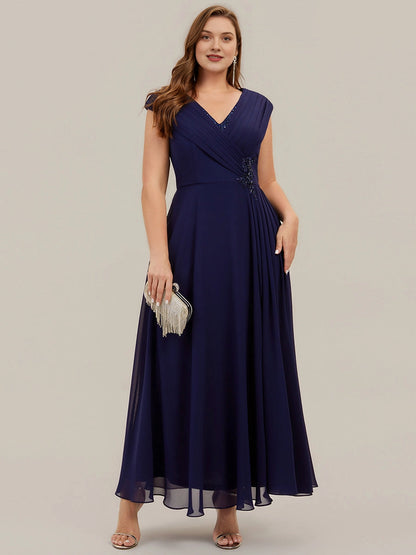 Plus Size Chiffon V-Neck Cap Sleeve Beaded Waist Long Mother of Bride Dress