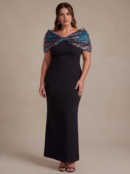 Roselledress Black Mermaid Off Shoulder Bow Sleeve Button Back Floor Length Plus Size Wedding Guest Dress 