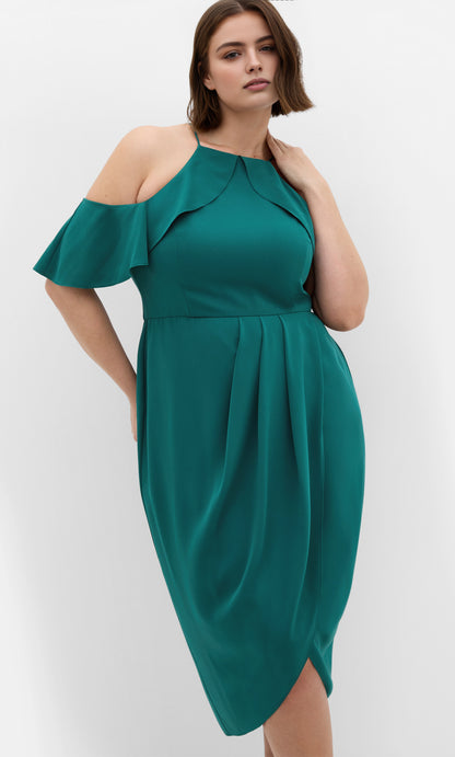 Chic Sheath Halter Cold‑Shoulder Flutter Sleeve Keyhole‑Back Midi Plus Size Wedding Guest Dress