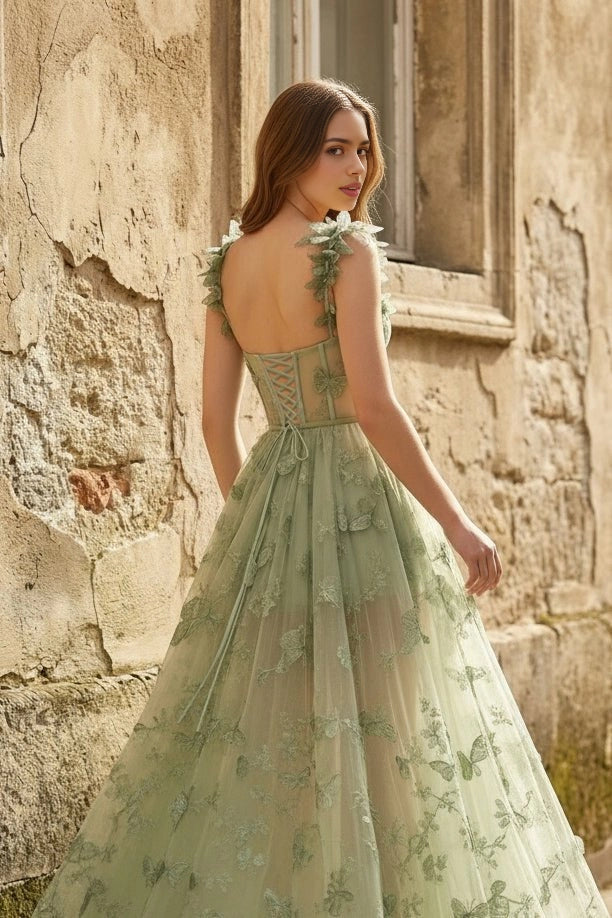 Roselledress sage green corset formal gown open back criss cross lace up butterfly applique prom dress