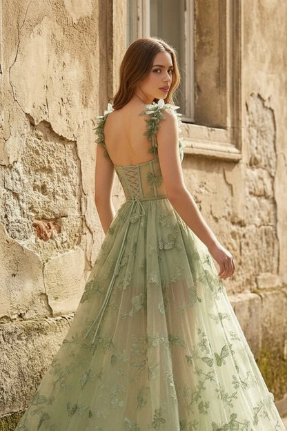 Roselledress sage green corset formal gown open back criss cross lace up butterfly applique prom dress