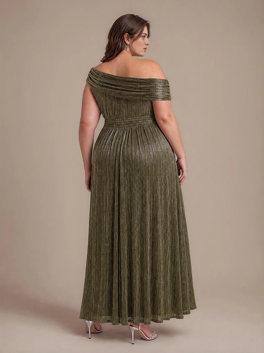 Back view of RoselleDress glitter metallic plus size evening dress off shoulder draped open back long maxi gown