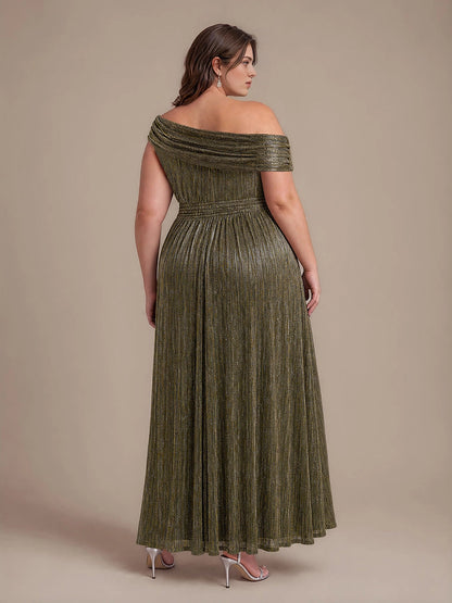 Back view of RoselleDress glitter metallic plus size evening dress off shoulder draped open back long maxi gown