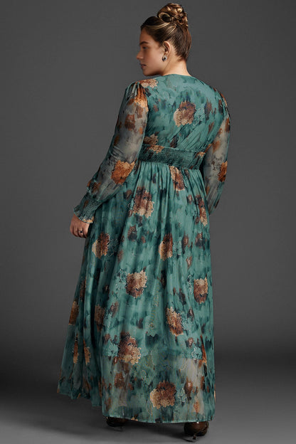 Flowy A-Line Deep V Sheer-Sleeve Plain-Back Midi Plus Size Floral Mother Of Bride Dress