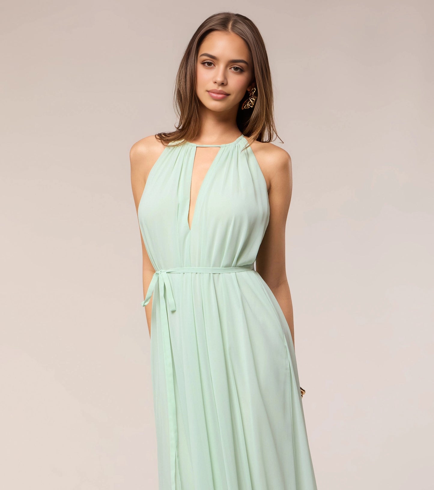 Mint A-Line Halter Keyhole Sleeveless Pleated Back Floor-Length Prom Dress