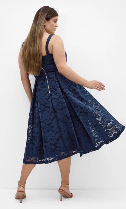 Roselle Dress plus size navy lace formal midi dress, exposed gold zip‑back fit‑flare gown back view