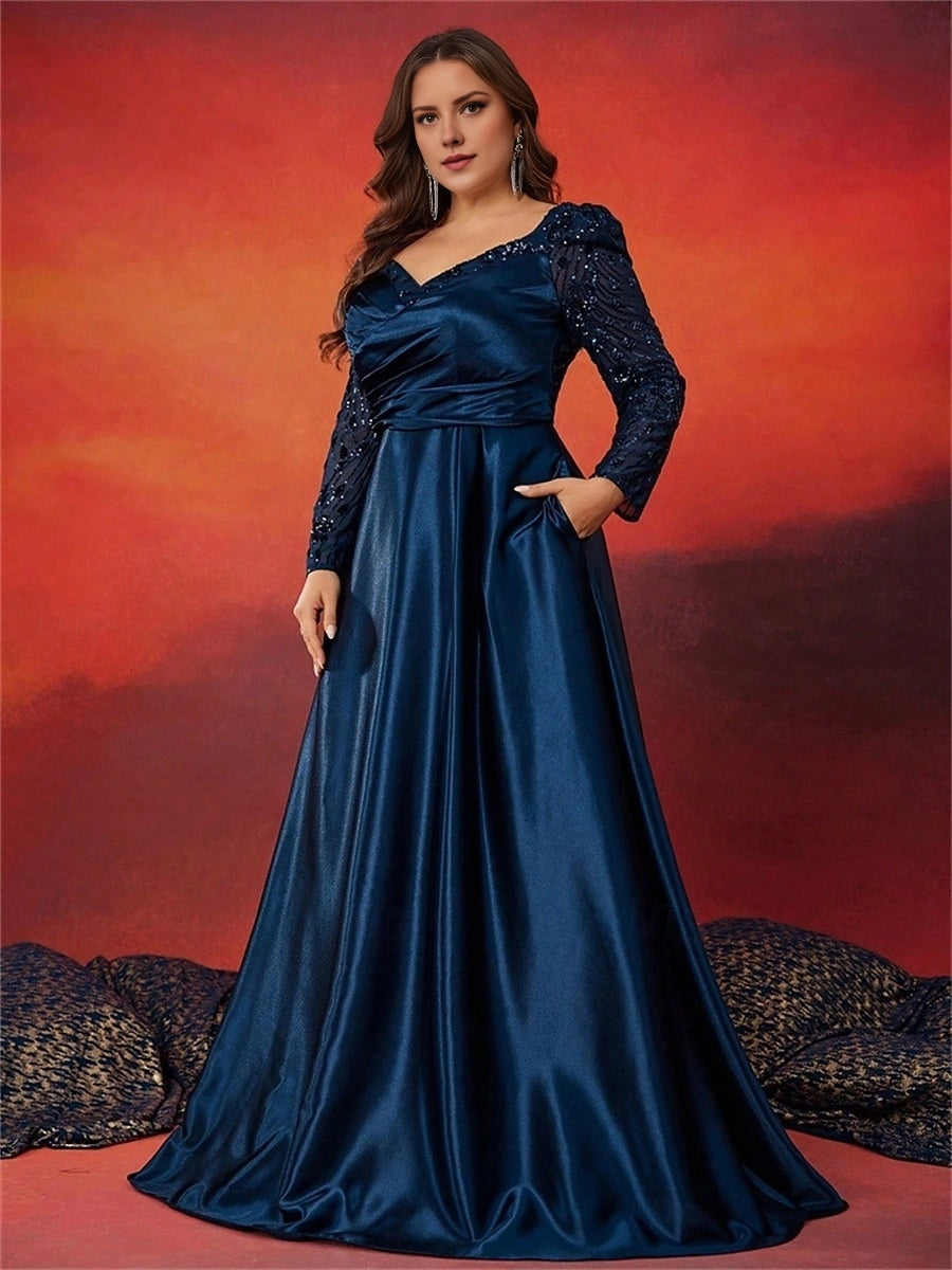 A-Line V-Neck Long Sleeve Back Zipper Floor Length Plus Size Sequin Satin Prom Dress
