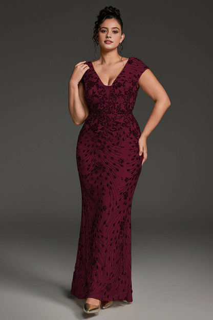 Slim Mermaid Deep V Cap-Sleeve V-Back Floor-Length Plus Size Mother Of Bride Dress