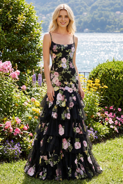 Black Plus‑Size Mermaid Square‑Neck Sleeveless Lace‑Up‑Back Sweep‑Train Prom Dress