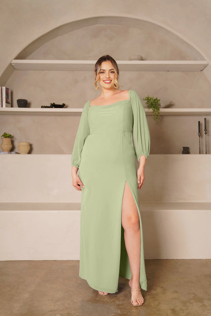 Elegant Sheath Square Neck Balloon Sleeve Zipper Back Plus Size Bridesmaid Dress