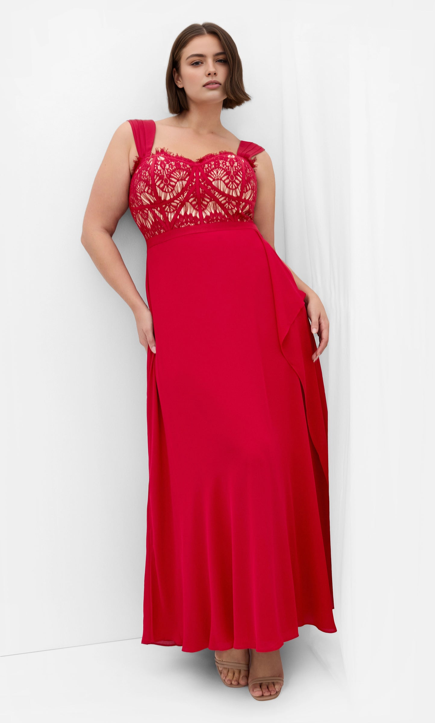 Dusty Rose Lace Chiffon Maxi Plus Size Wedding Guest Dress