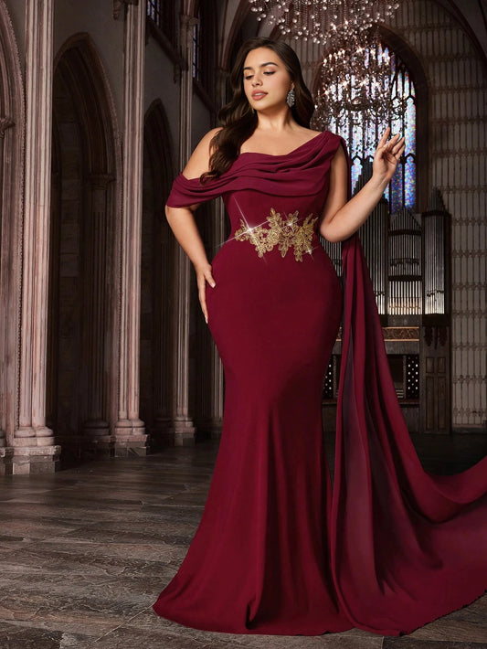 Roselledress plus size burgundy mermaid prom dress one shoulder cape sleeve gold applique floor length front view