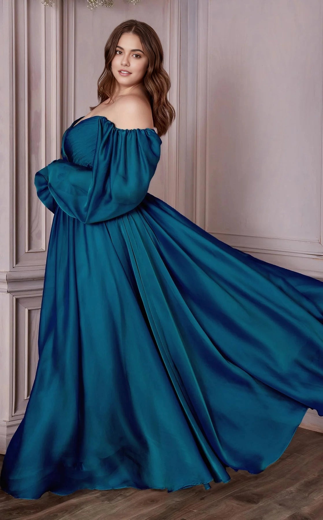 Roselledress Flowy A-Line Sweetheart Off-Shoulder Puff-Sleeve Zip-Back Floor-Length Plus Size Prom Dress