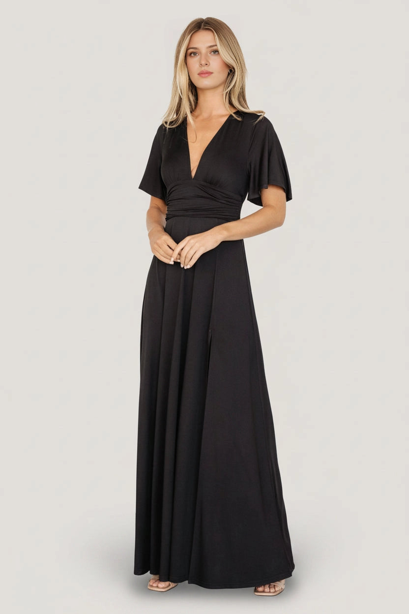 Slim plus size A-line V-Neck Flutter Sleeve Closed-Back Maxi Mother Of Bride Dress