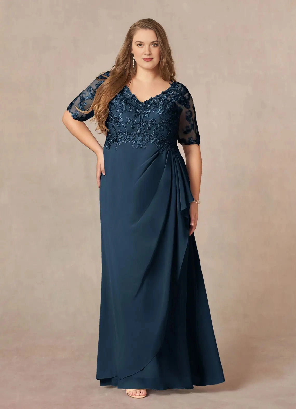 A-Line V-Neck Short Sleeve Illusion-Back Long Mother of the Bride Dress