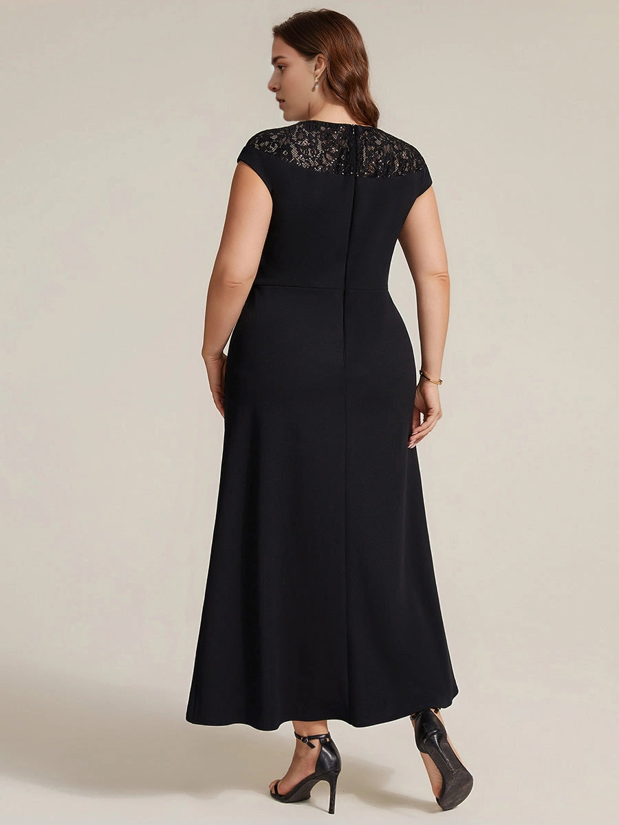 Roselledress Burgundy Sheath Round Lace Cap Sleeve Zip Back High Low Midi Plus Size Weeding Guest Dress