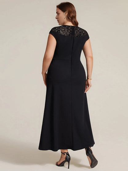 Roselledress Burgundy Sheath Round Lace Cap Sleeve Zip Back High Low Midi Plus Size Weeding Guest Dress